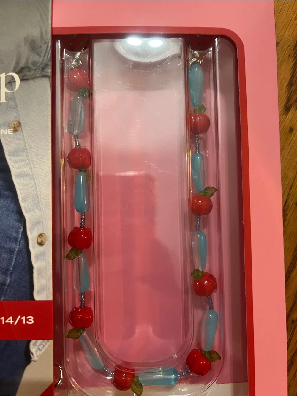 Pencey Pink-Trim Clear iPhone Case with Red Cherry & Light Blue Beaded Strap